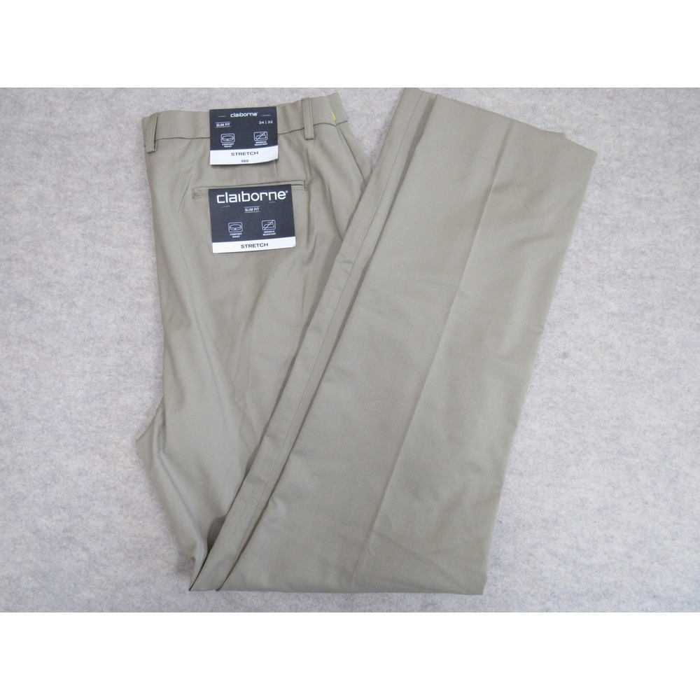 Claiborne Mens Slim Fit Stretch Dress Pants 34x32 Medium Tan 502-8026 NEW